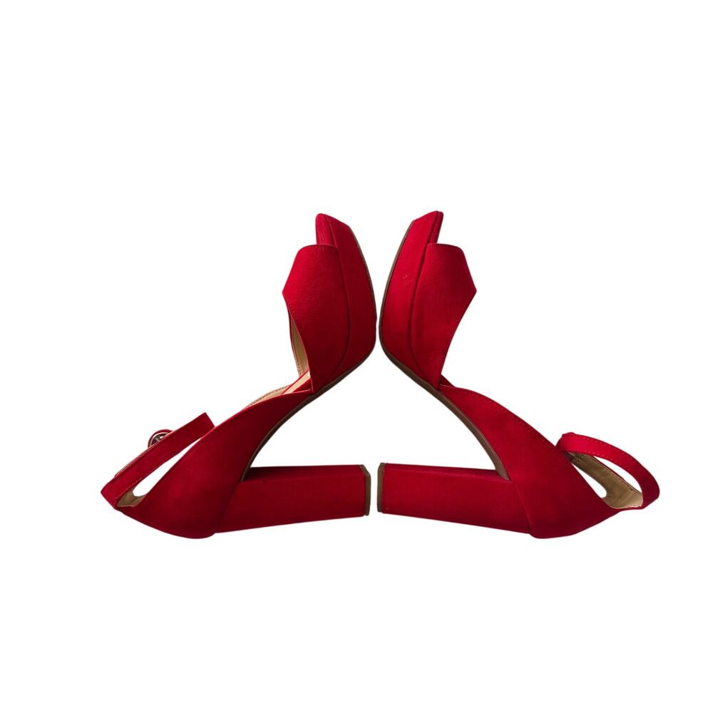 TSun + Stone Red Dress Heels w/ Ankle Strap Suede Sandals Block Heel 8.5 4inch - Picture 6 of 11
